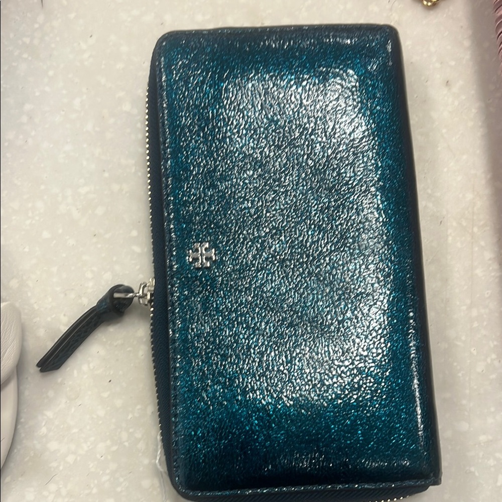 Tory Burch Metallic Teal Zip Wallet